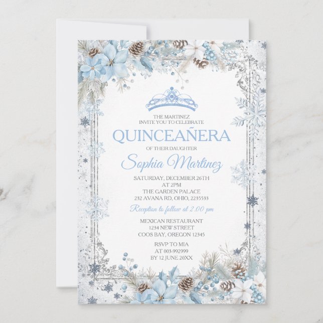 Dusty Blue Christmas Floral Snowflake Quinceañera Invitation (Front)