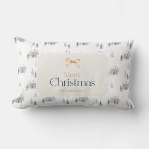 Dusty Blue Christmas House Watercolor Lumbar Pillow