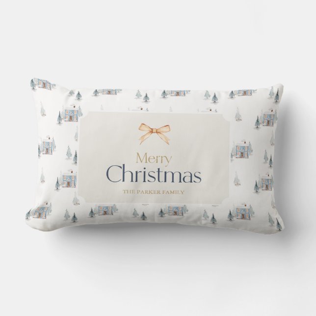 Dusty Blue Christmas House Watercolor Lumbar Pillow (Front)