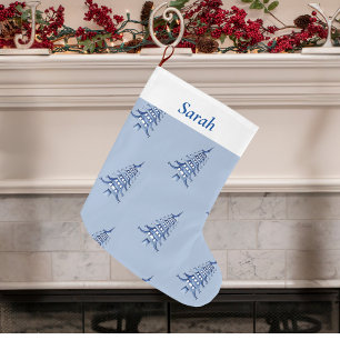 Dusty Blue Christmas Pagoda Tree pattern Large Christmas Stocking