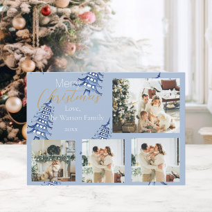 Dusty Blue Christmas Pagoda Trees 5-Photo Holiday Card