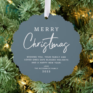 Dusty Blue Christmas Script Family Name Custom Ornament Card