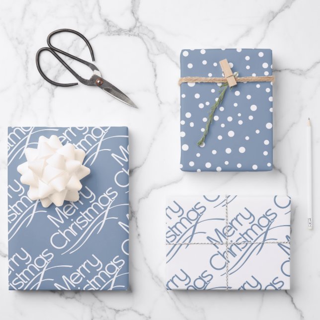 Dusty blue Christmas typography and dots holiday Wrapping Paper Sheets (Front)
