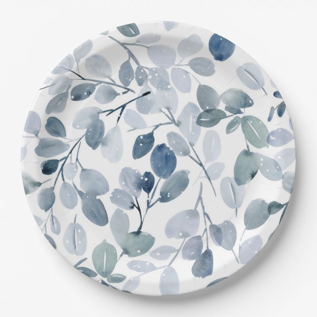 Dusty Blue Christmas | Watercolor Leaf Design Paper Plates (Front)