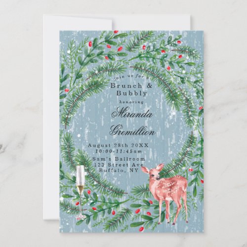 Dusty Blue Christmas Wood Deer Brunch and Bubbly  Invitation