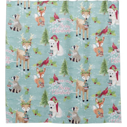 Dusty Blue Christmas Woodland Animals Deer Bear Shower Curtain