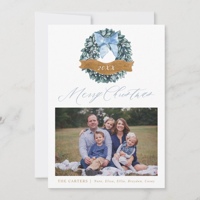 Dusty Blue Christmas Wreath Photo Card (Front)