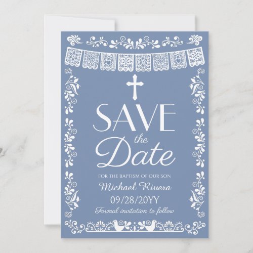 Dusty Blue Cielito Lindo Save the Date Baptism Invitation