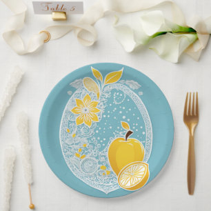 Dusty Blue Citrus Bridal Shower Paper Plate, Lemon Plates