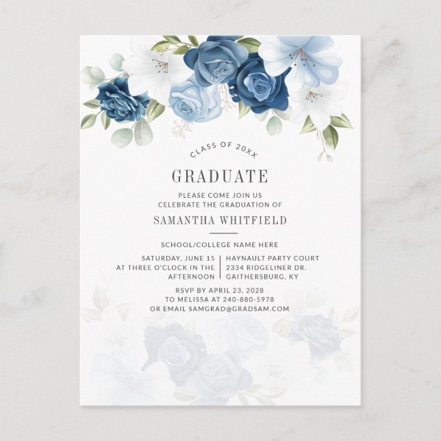 Dusty Blue Class of 2022 Floral Graduation Party Invitation Postcard (Front)