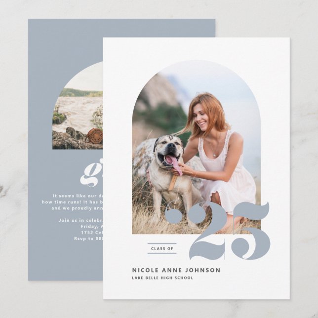 Dusty Blue Class of 2025 Arch Photo Graduation Announcement (Front/Back)