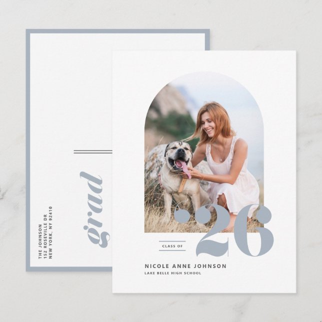 Dusty Blue Class of 2026 Arch Photo Graduation Invitation Postcard (Front/Back)