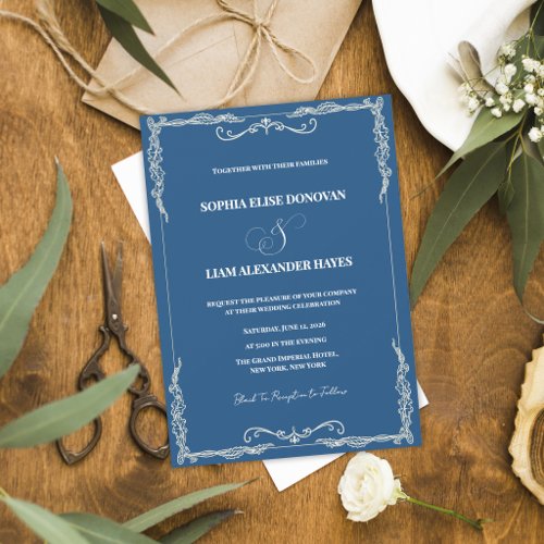 Dusty Blue Classic Black Tie Formal Wedding Invitation