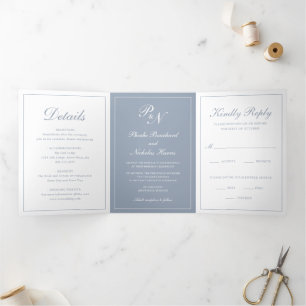 Dusty Blue Classic Elegant Wedding Tri-Fold Invitation