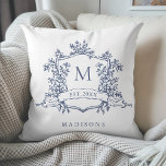 Dusty Blue Classic Floral Crest Monogram  Throw Pillow<br><div class="desc">Elegant floral crest throw pillow with a last name and established date. For more advanced customization of this design,  please click the BLUE DESIGN TOOL BUTTON above!</div>