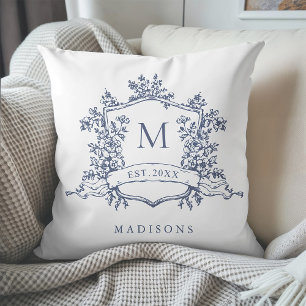 Dusty Blue Classic Floral Crest Monogram Throw Pillow