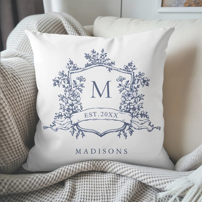 Dusty Blue Classic Floral Crest Monogram  Throw Pillow (Creator Uploaded)