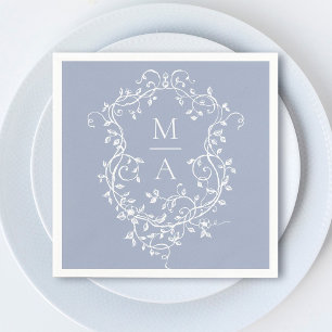 Dusty Blue Classic Floral Crest Monogram Wedding Napkins