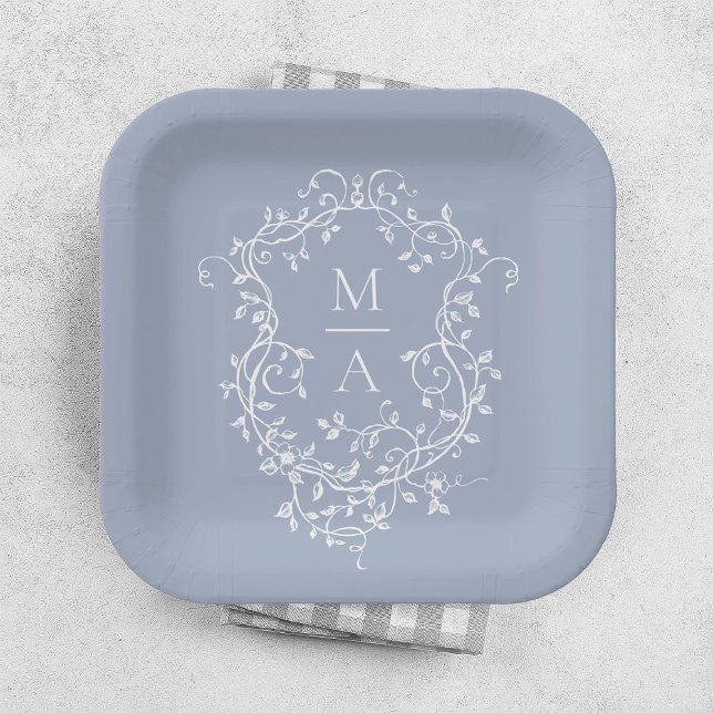 Dusty Blue Classic Floral Crest Monogram Wedding Paper Plates (Creator Uploaded)