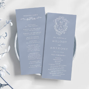 Dusty Blue Classic Floral Crest Wedding Ceremony Program