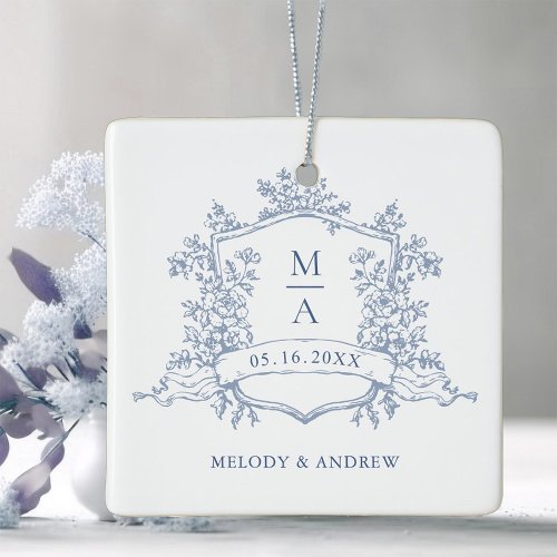 Dusty Blue Classic Floral Crest Wedding Photo  Ceramic Ornament