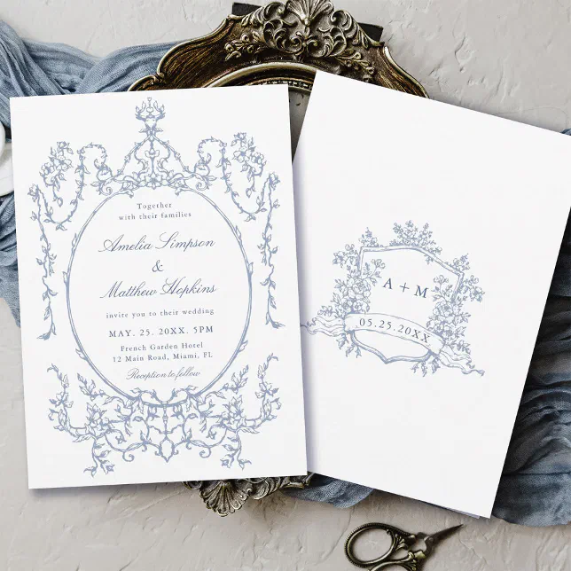 Dusty Blue Classic Floral Frame Wedding Invitation | Zazzle