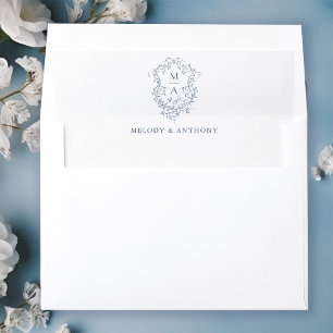Dusty Blue Classic French Floral Crest Wedding  Envelope Liner