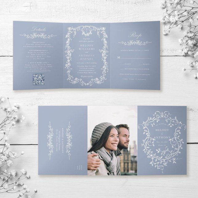 Dusty Blue Classic French Victorian Floral Wedding Tri-Fold Invitation (Inside & Outside)