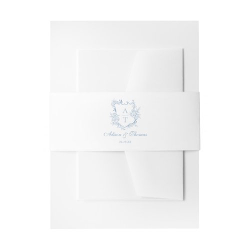 Dusty Blue Classic Monogram Crest Wedding Invitation Belly Band