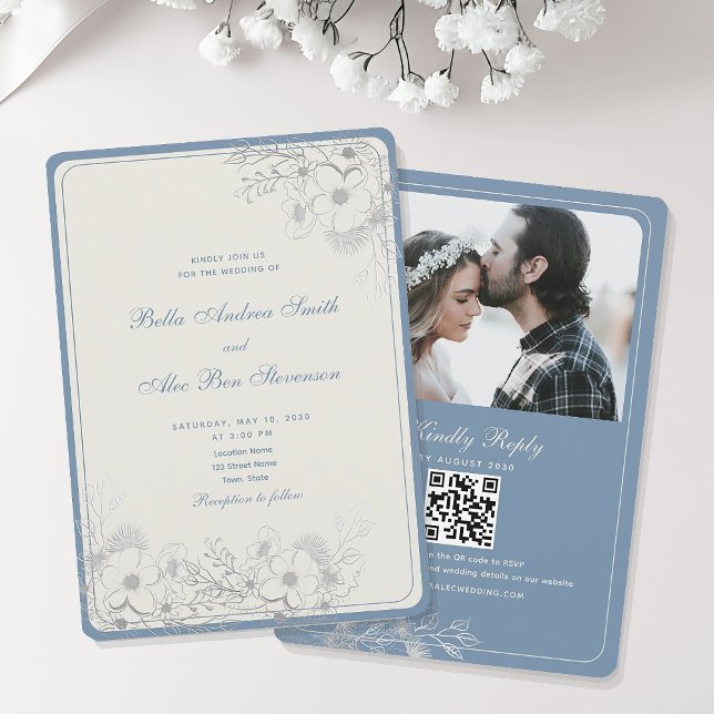 Dusty Blue Classic Photo Wedding  Invitation (Creator Uploaded)