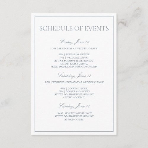 Dusty Blue Classic Script Schedule of Events Enclosure Card