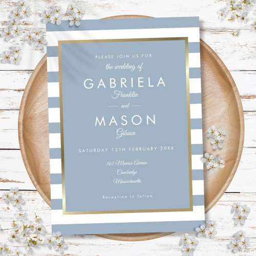 Dusty Blue Classic Stripe Faux Gold Foil Wedding Invitation