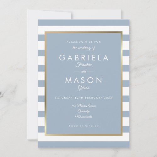 Dusty Blue Classic Stripe Wedding  Faux Gold Foil Invitation
