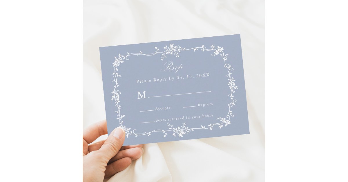 Dusty Blue Classic Victorian Floral Frame Wedding RSVP Card | Zazzle