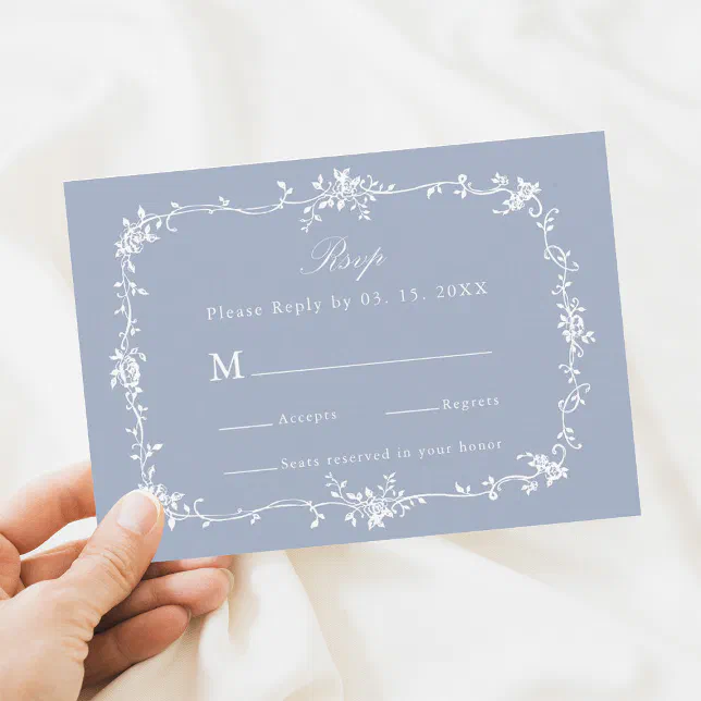 Dusty Blue Classic Victorian Floral Frame Wedding RSVP Card | Zazzle