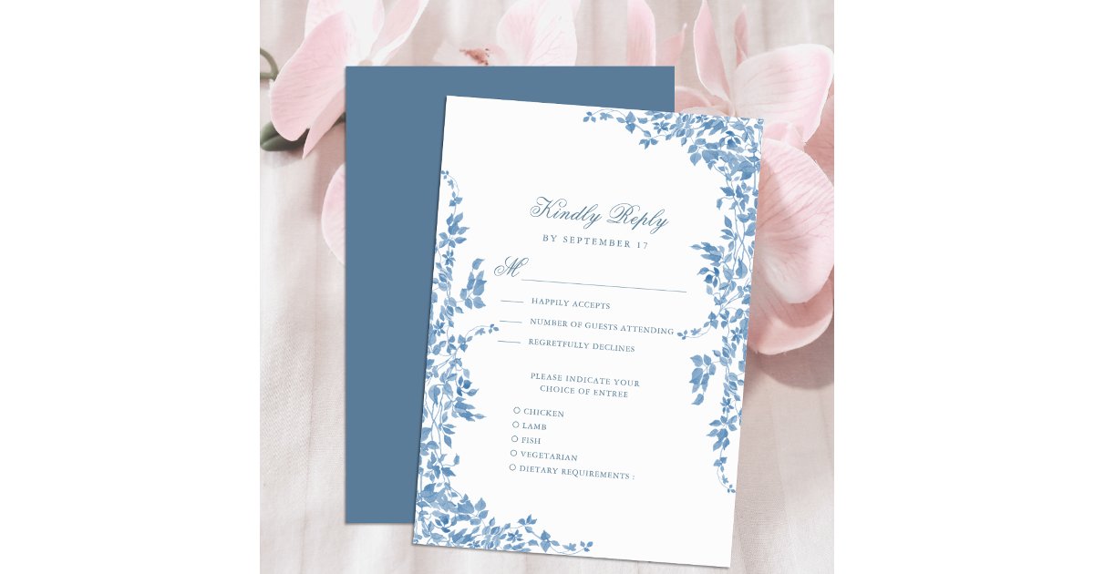 Dusty Blue Classic Vintage Floral Garden Wedding RSVP Card | Zazzle