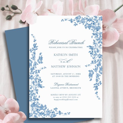 Dusty Blue Classic Vintage Floral Rehearsal Brunch Invitation