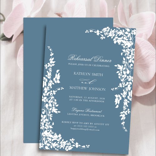 Dusty Blue Classic Vintage Floral Rehearsal Dinner Invitation
