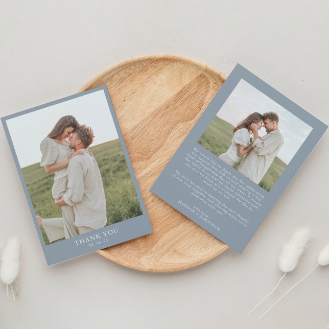 Dusty Blue Classy Simple 2 Photo Wedding Thank You Card (Creator Uploaded)