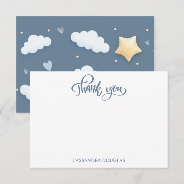 Dusty Blue Cloud Theme Baby Shower Thank You Card (Front/Back)