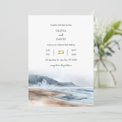  Dusty Blue Coastal Misty Shoreline Beach Wedding  Invitation