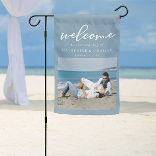 Dusty Blue Coastal Wedding Couple Photo Welcome Garden Flag
