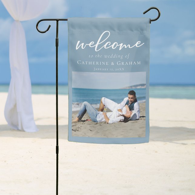 Dusty Blue Coastal Wedding Couple Photo Welcome Garden Flag (Creator Uploaded)
