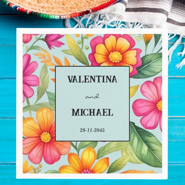 Dusty Blue Colorful Floral Mexican Fiesta Wedding Napkins (Creator Uploaded)