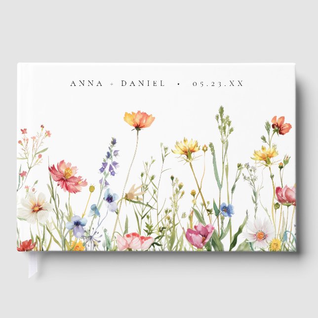 Dusty Blue Colorful Rustic Wildflower Wedding Guest Book (Front)
