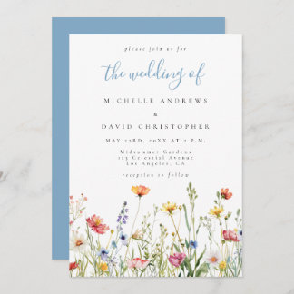 Dusty Blue Colorful Rustic Wildflower Wedding Invitation
