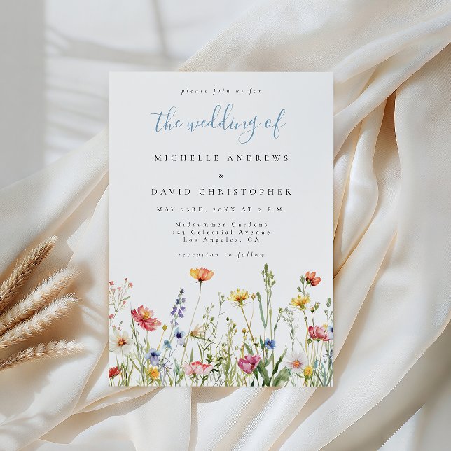 Dusty Blue Colorful Rustic Wildflower Wedding Invitation (Creator Uploaded)