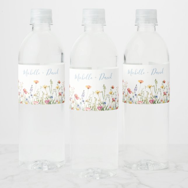 Dusty Blue Colorful Rustic Wildflower Wedding Water Bottle Label (Bottles)