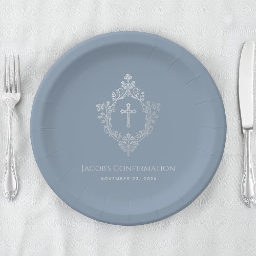 Dusty Blue Confirmation Boy Silver Crest Vintage 