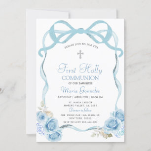 Dusty Blue Coquett Ribbon First Holy Communion Invitation